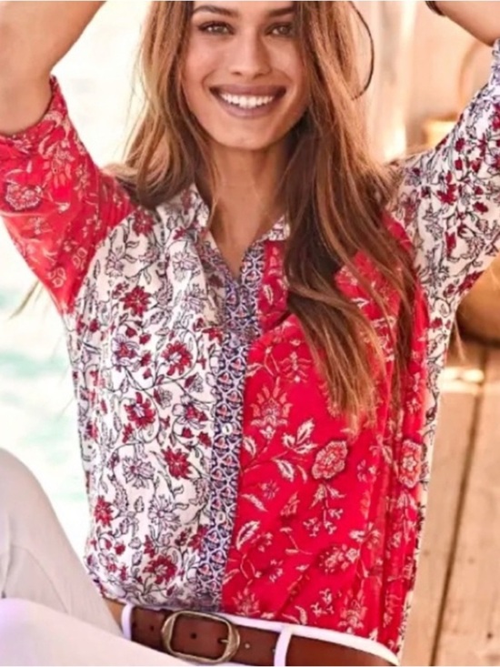 J. Jill Tops - J. Jill Red White Floral Patchwork Boho Cotton Button Down Size Medium Petite